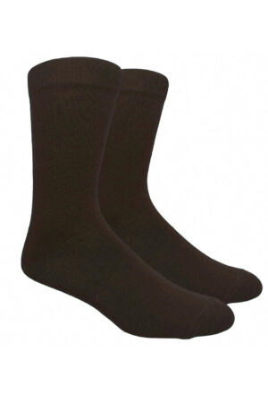 Pair of dark brown crew-length socks laid flat against a white background