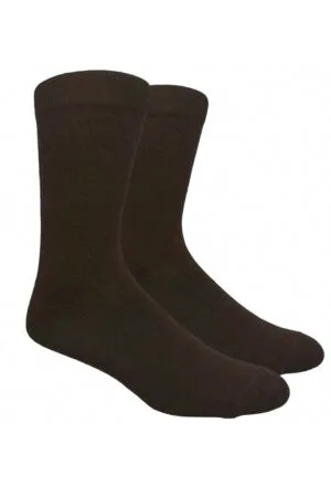 Pair of dark brown crew-length socks laid flat against a white background