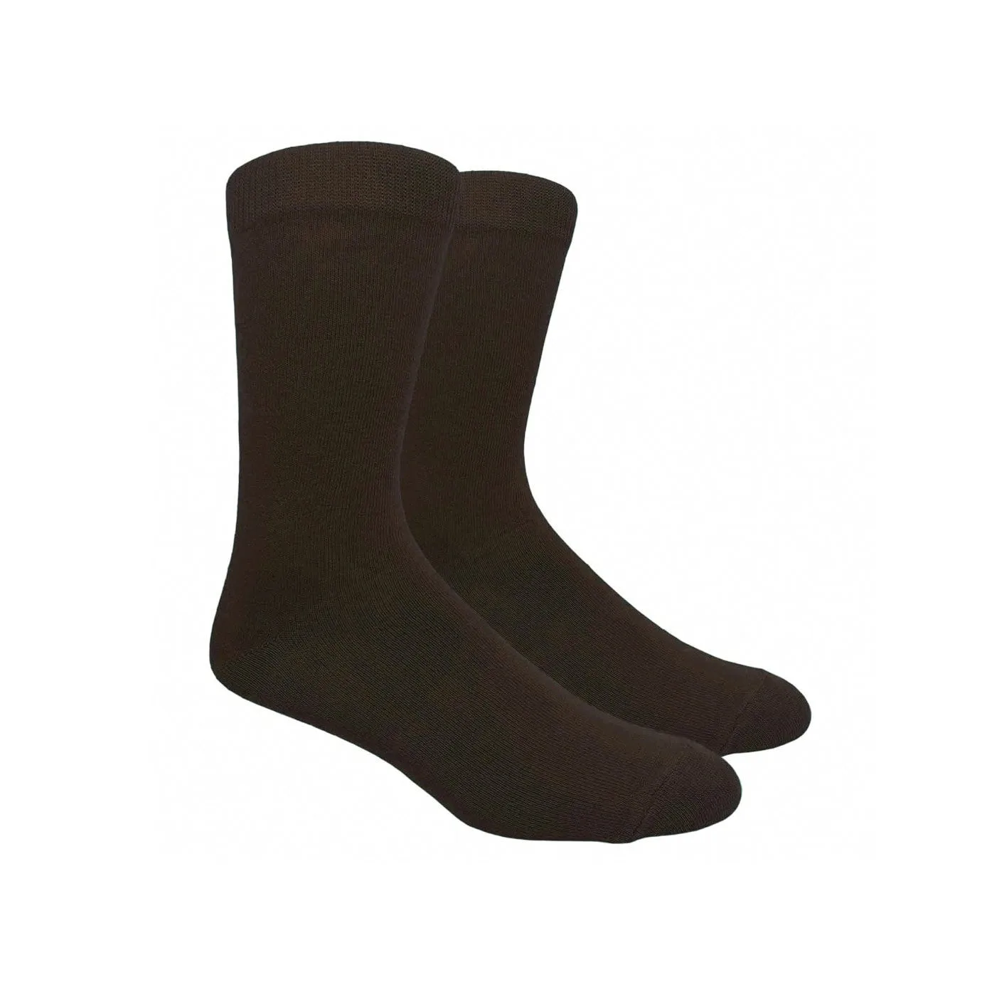 Pair of dark brown crew-length socks laid flat against a white background