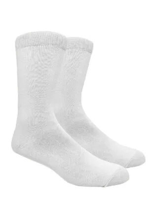 Pair of plain white crew socks with ribbed cuffs, laid flat on a white background