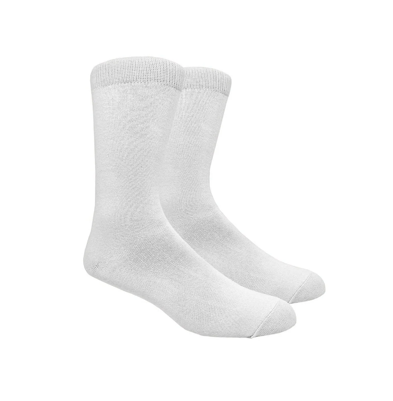 Pair of plain white crew socks with ribbed cuffs, laid flat on a white background