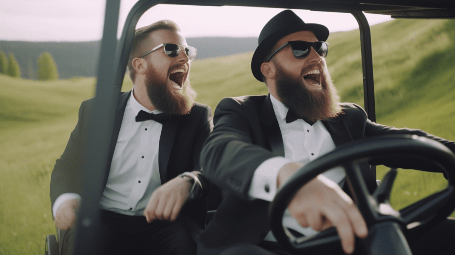 Two men in tuxedos are laughing and having fun while speeding in a golf cart.