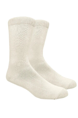 Beige crew socks displayed side by side, knit fabric with ribbed cuff and reinforced toe and heel end likely cotton blend.