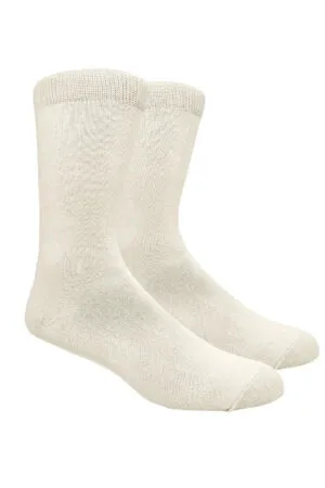 Beige crew socks displayed side by side, knit fabric with ribbed cuff and reinforced toe and heel end likely cotton blend.