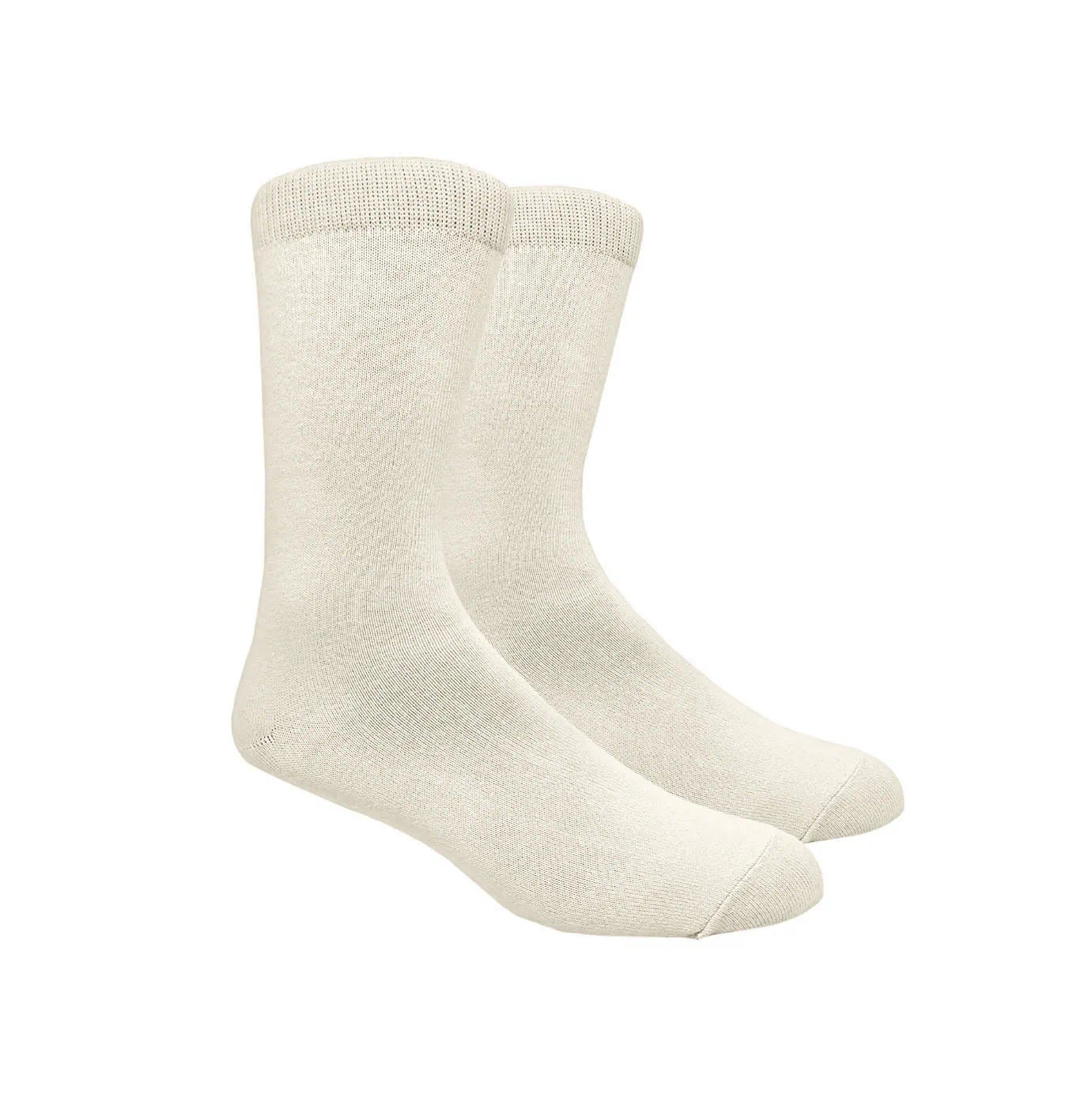 Beige crew socks displayed side by side, knit fabric with ribbed cuff and reinforced toe and heel end likely cotton blend.