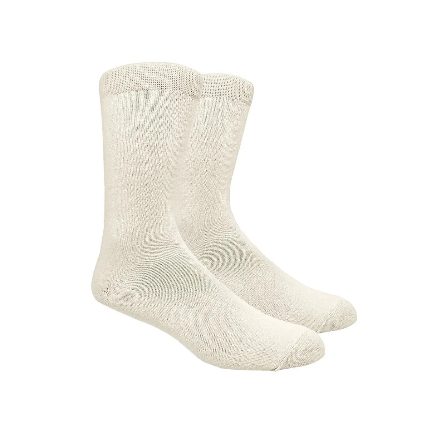 Beige crew socks displayed side by side, knit fabric with ribbed cuff and reinforced toe and heel end likely cotton blend.