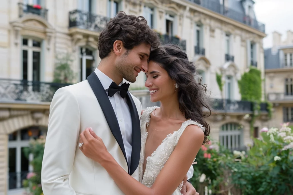 bride and groom in white tuxedo rental