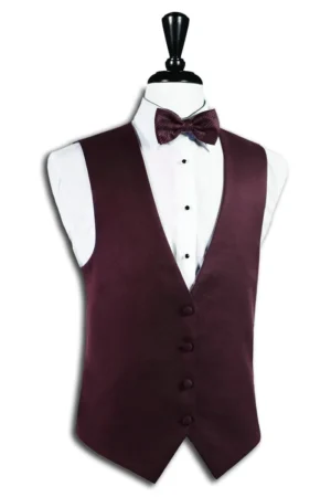 Mannequin wearing a burgundy waistcoat over a white dress shirt with a matching burgundy bow tie, front view.