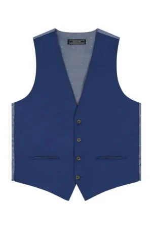 Navy blue waistcoat with five buttons and light gray lining visible at the edges and two front pockets.
