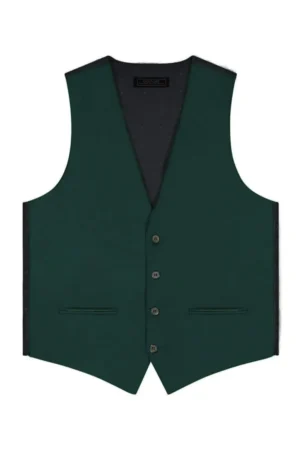 Dark green waistcoat with black trim, five buttons, notch pockets, sleeveless and tailored fit (front view)