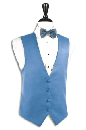 Blue men’s vest with a matching bow tie on a white shirt displayed on a dress form mannequin.