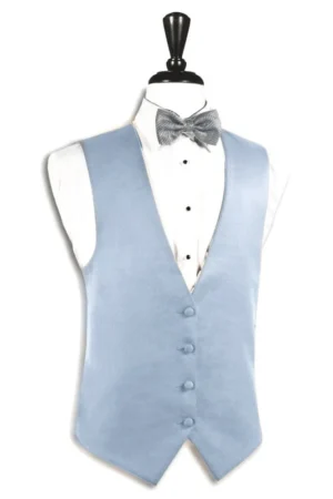 Light blue men's waistcoat over a white dress shirt with a gray bow tie on a mannequin.
